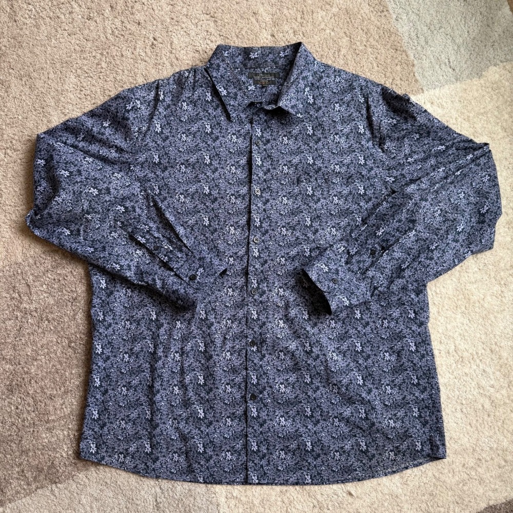 Marc Anthony Men XXL Slim Fit Stretch Floral Button Down Shirt Blue Grey